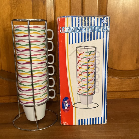 RETRO 6 PCS CAPPUCCINO SET STACKABLE CUPS WITH WIRE RACK - Picture 1 of 8
